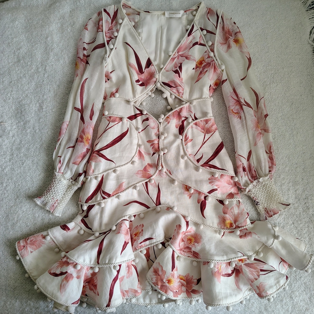 $1850 Zimmermann Corsage Orchid Bauble Linen Mini Dress Size 0 100% Authentic